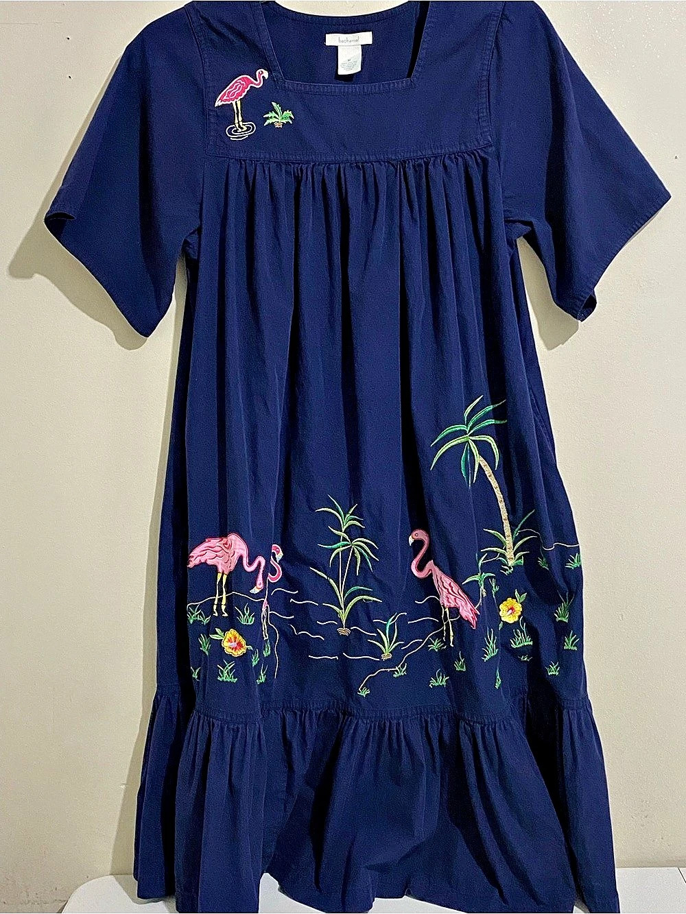 bechamel Embroidered Flamingo Dress in Blue & Pink Size Medium